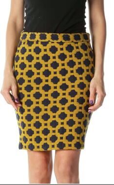 Anthropology Charlie & Robin Geometric Quilted Gold and Navy Pencil Skirt Size 4